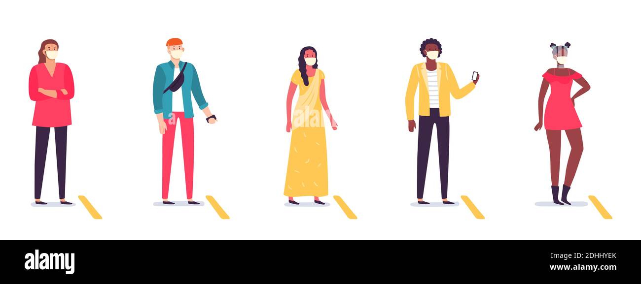 Les personnes en ligne gardant la distance sociale. Homme et femme divers debout dans la file d'attente avec distanciation. Coronavirus Illustration de Vecteur