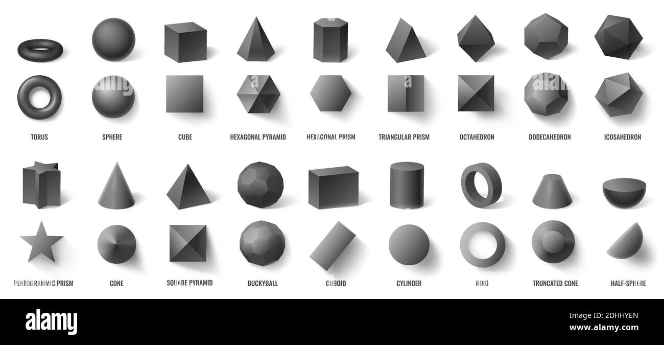 Formes géométriques 3d de base en noir réalistes dans la vue de dessus et de face isolée sur blanc. Objets tridimensionnels Illustration de Vecteur