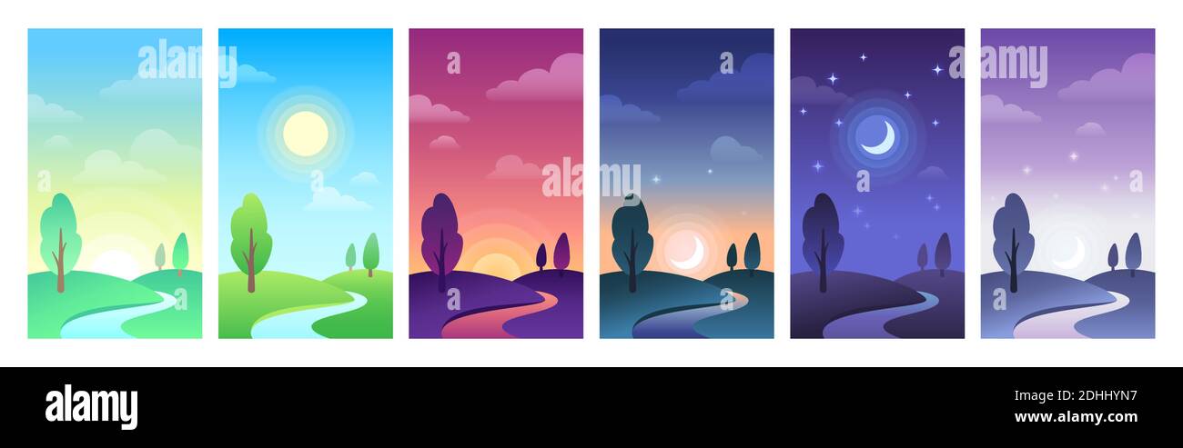 Paysage de campagne dans les parties de la journée. Le ciel et le champ encerclant le jour comme le lever du soleil, midi, coucher du soleil et la nuit Illustration de Vecteur