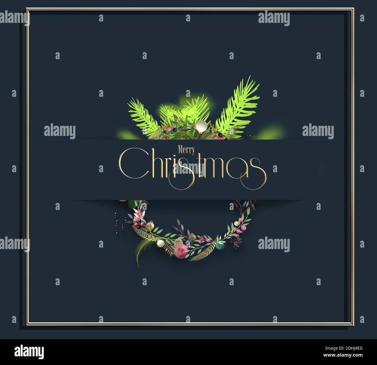 Noël minimaliste belle carte de fête avec ornement abstrait 3D couronne florale de Noël sur bleu noir. Texte doré Joyeux Noël Bonne Année. 3D Banque D'Images