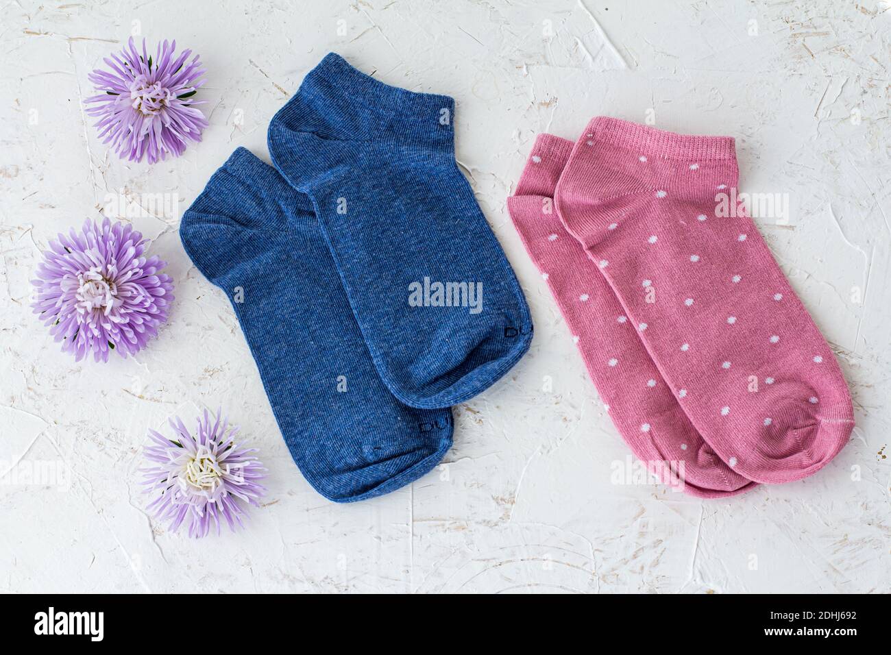 Deux paires de chaussettes bleues et roses pour femmes avec des fleurs d'aster sur fond blanc structuré, vue du dessus. Banque D'Images