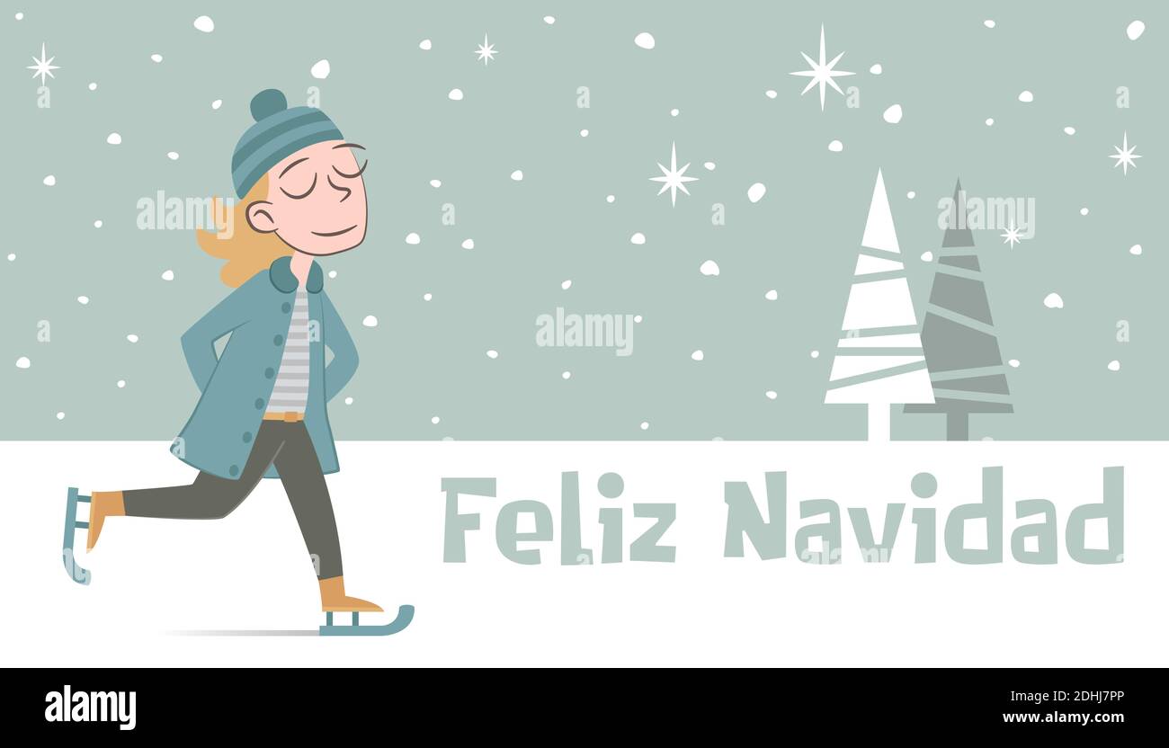 Salutation de Noël dans un style rétro avec une fille patinage sur glace. Le texte est en espagnol. Illustration de Vecteur
