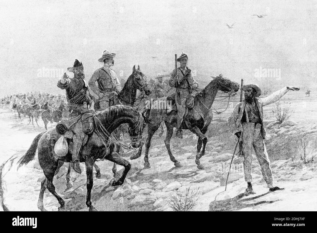 Guerre Anglo-Boer. Colonne anglaise de l'Afrique du Sud en direction de Maleking, par Bechuanaland. Illustration ancienne. 1899. Banque D'Images