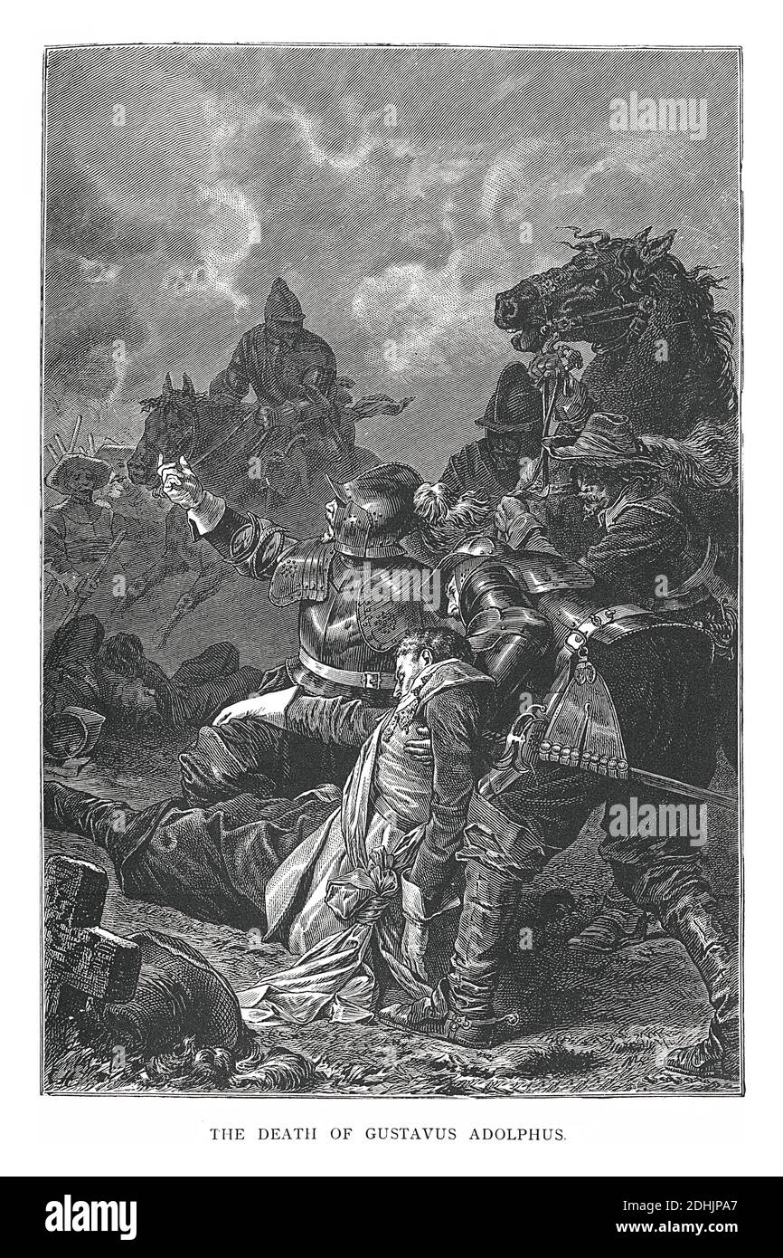 Illustration du XIXe siècle de la mort de Gustavus Adolphus. Gustav II Adolf (9 décembre 1594 – 6 novembre 1632) fut le roi de Suède de 1611 à 1 Banque D'Images