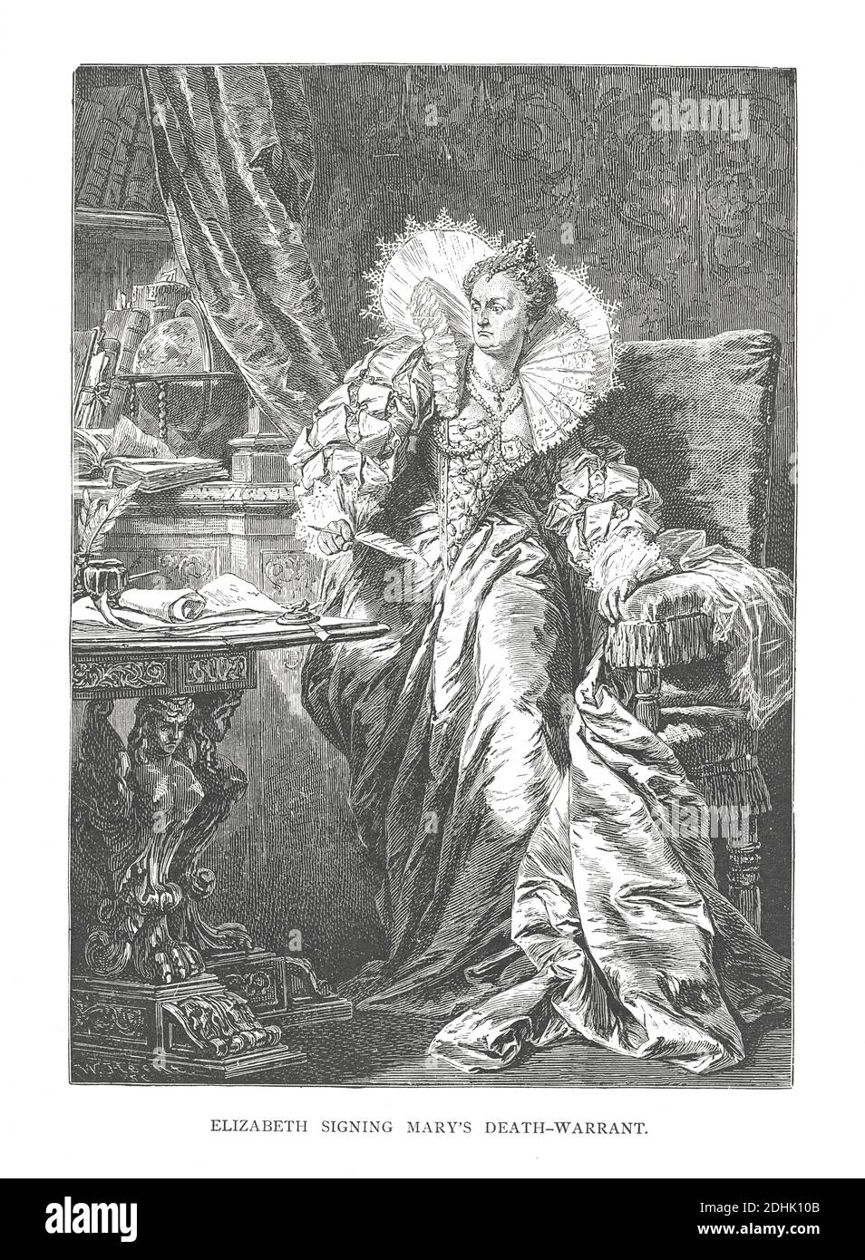 Illustration du XIXe siècle d'une scène historique où la reine Elizabeth signe le mandat de décès de Mary Stuart. Œuvre originale publiée dans 'UNE image HIS Banque D'Images