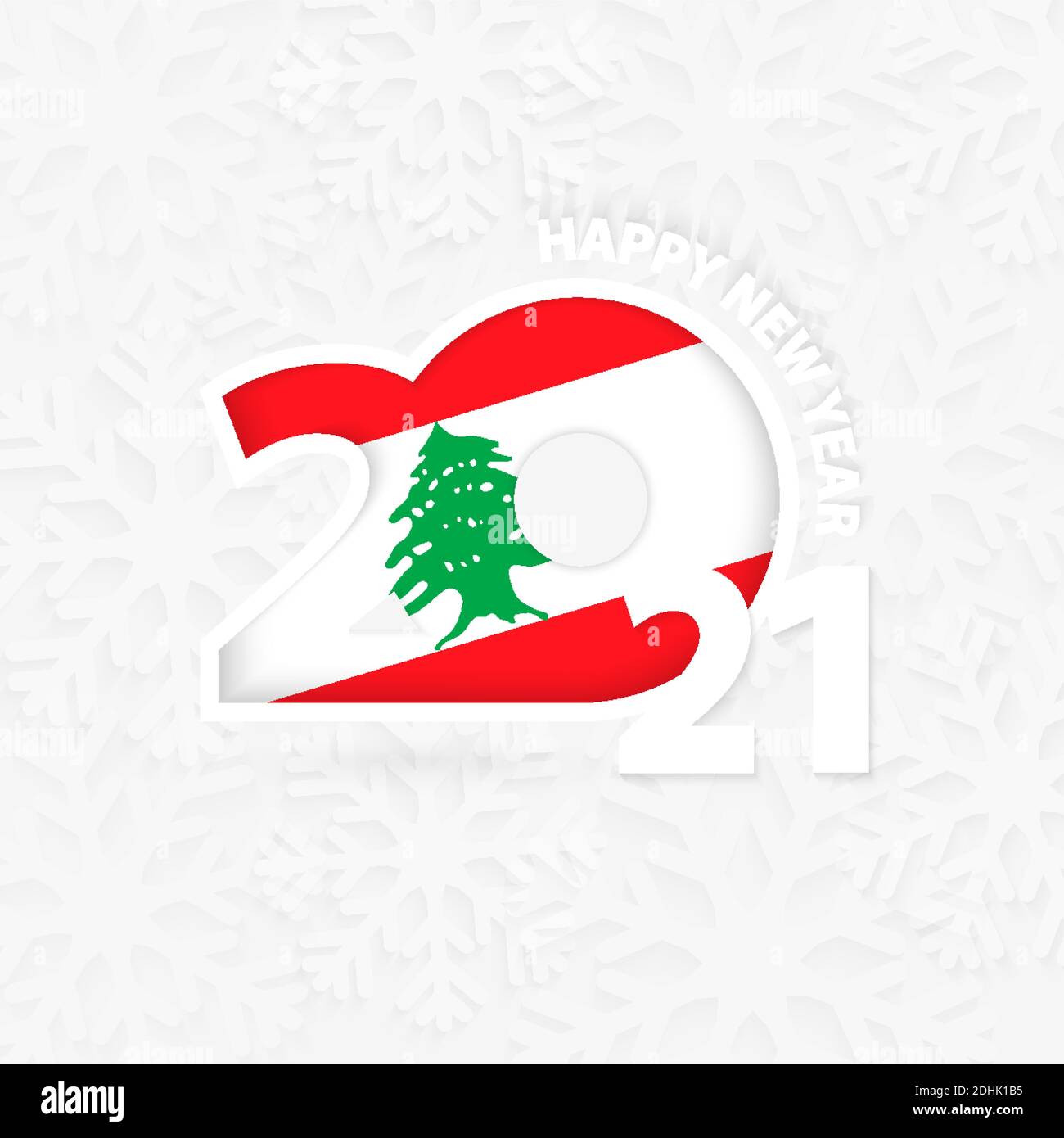 Bonne année 2021 pour le Liban sur fond de flocon de neige. Saluez le Liban avec la nouvelle année 2021. Illustration de Vecteur