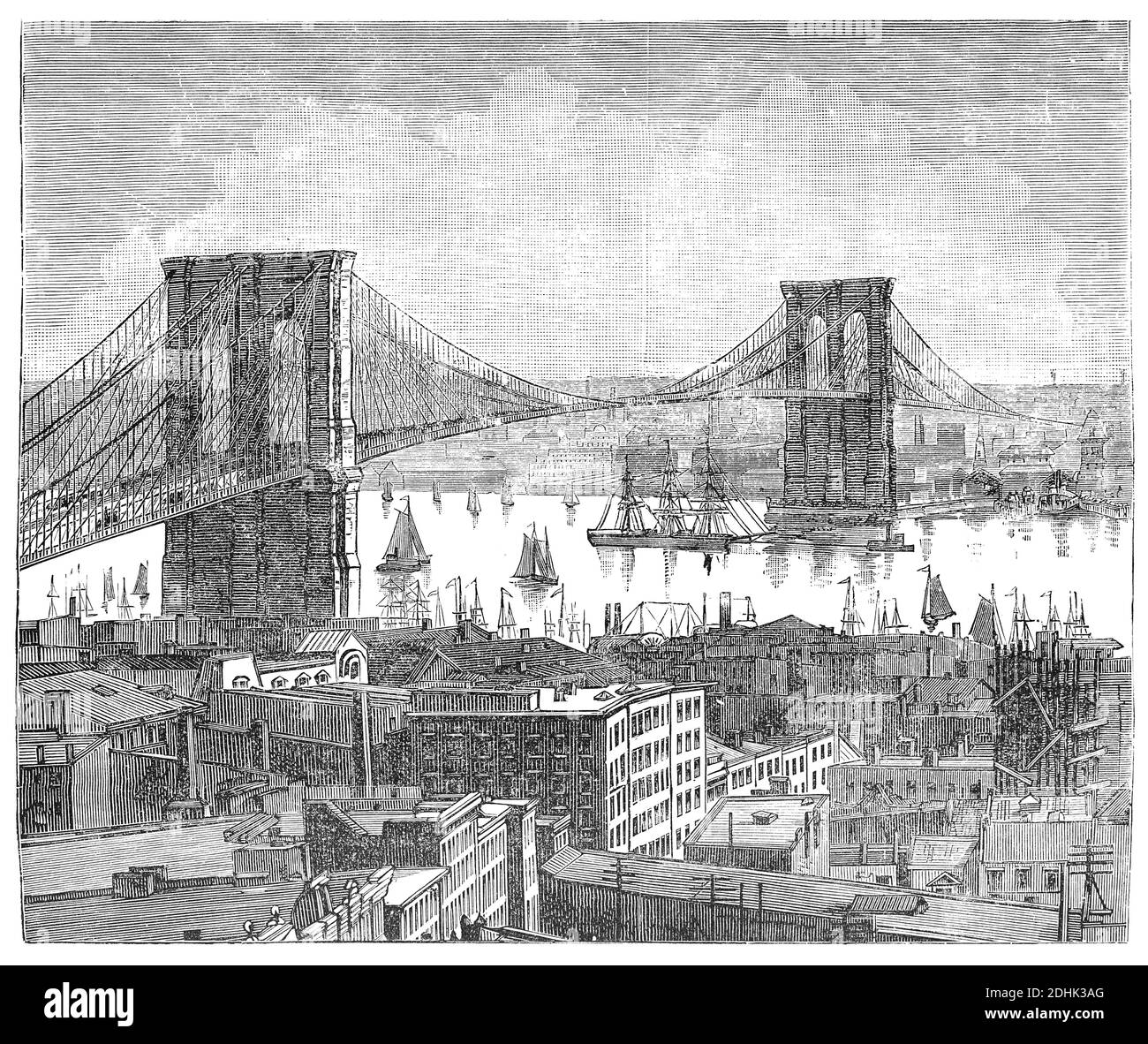 Illustration du pont de Brooklyn au XIXe siècle. Publié dans 'l'Encyclopédie nationale des affaires et des formes sociales, adoptant les lois de l'étiquette an Banque D'Images