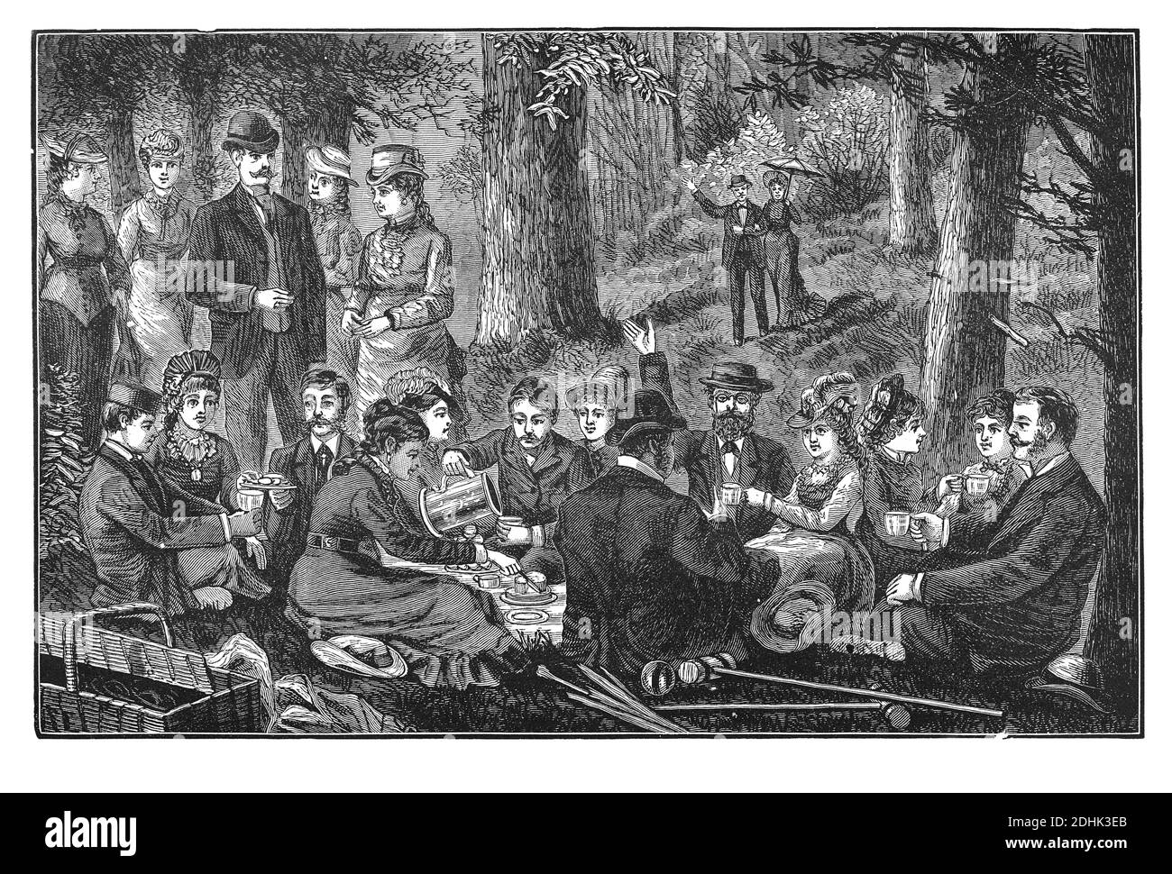 Illustration du XIXe siècle de l'étiquette du pique-nique. Un déjeuner dans les bois. Publié dans 'l'Encyclopédie nationale des formes sociales et des affaires, embr Banque D'Images