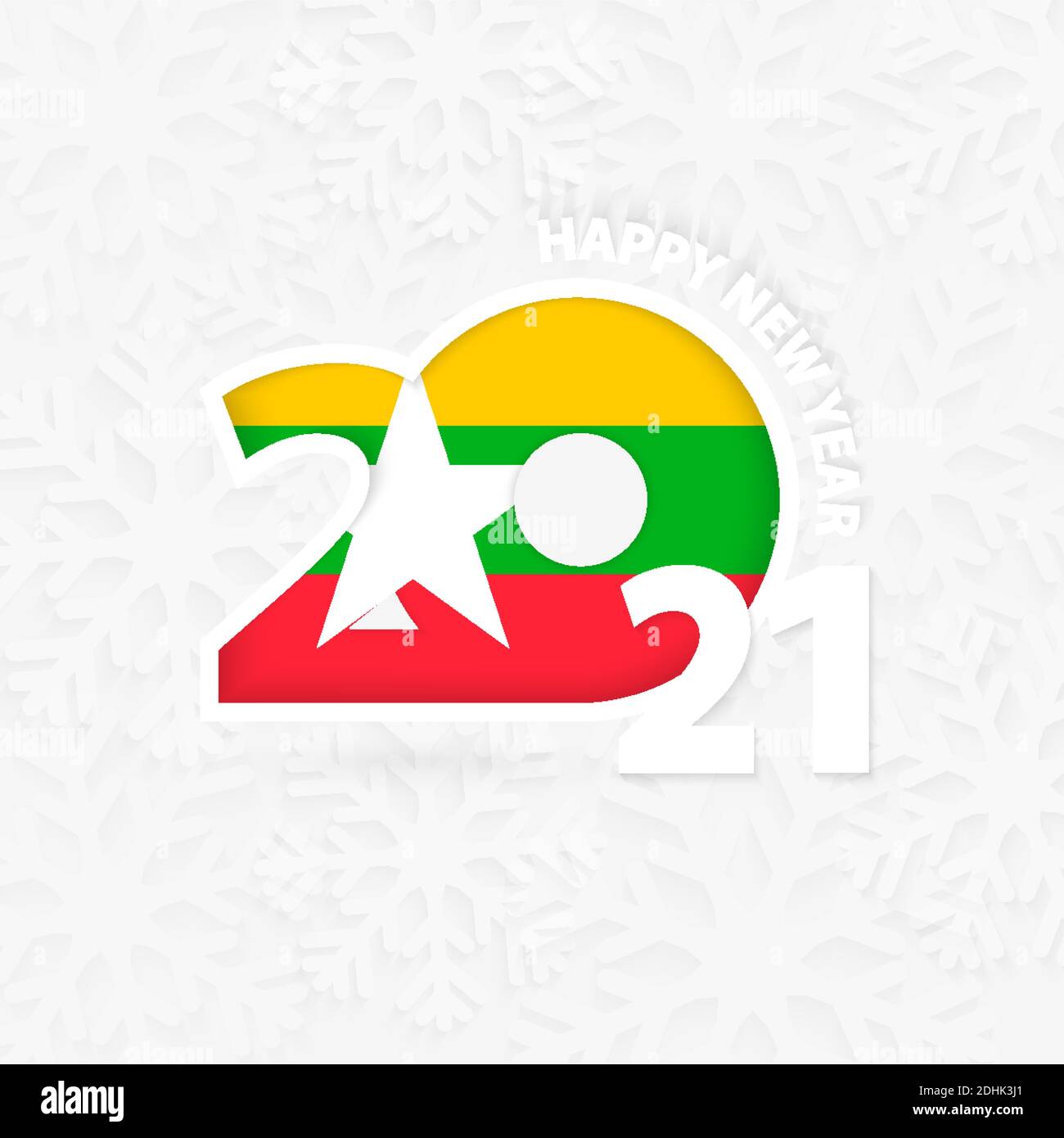 Bonne année 2021 pour le Myanmar sur fond de flocon de neige. Saluez le Myanmar avec la nouvelle année 2021. Illustration de Vecteur