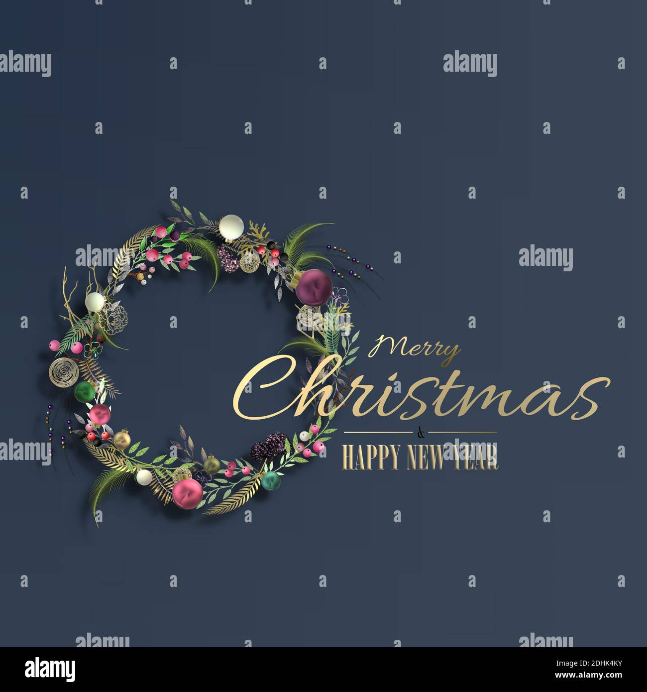 Belle carte de Noël avec couronne fleurie sur fond bleu pastel. Texte doré avec souhaits de Noël. Rendu 3D Banque D'Images