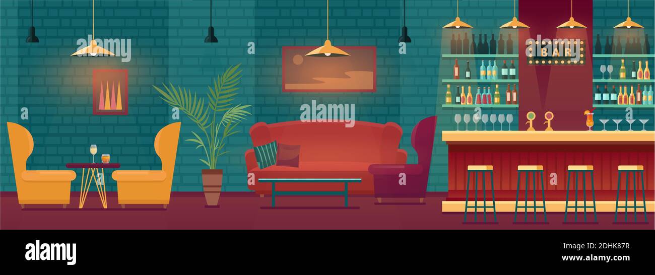 Illustration vectorielle de l'intérieur du bar pub. Vider le comptoir du bar moderne avec les tables, le salon et le tableau de barista, les étagères avec les bouteilles de vin pour boissons alcoolisées, à l'intérieur Illustration de Vecteur
