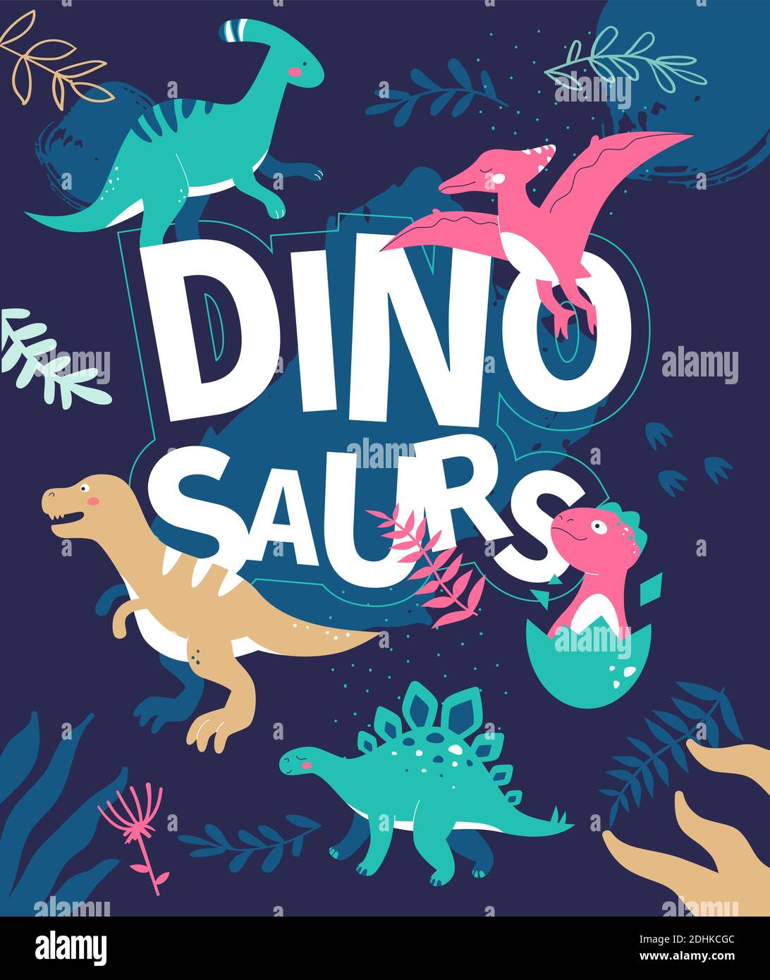 Dinosaures - illustration de style plat avec caractères sur fond bleu. L'idée des temps préhistoriques. Images d'animaux éteintes, ornitosaurus, T-rex, pa Illustration de Vecteur