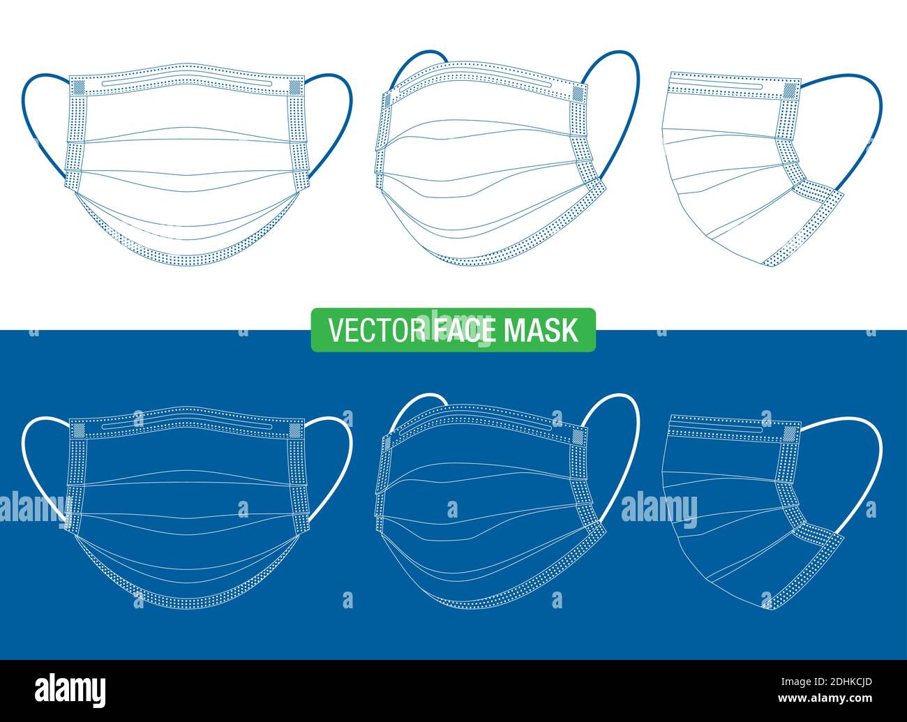 Dessin-plan des masques médicaux sous différents angles de vue. Schéma vectoriel des masques de protection contre les virus, en vue de face, des trois quarts et des côtés, isolés sur du blanc. Illustration de Vecteur
