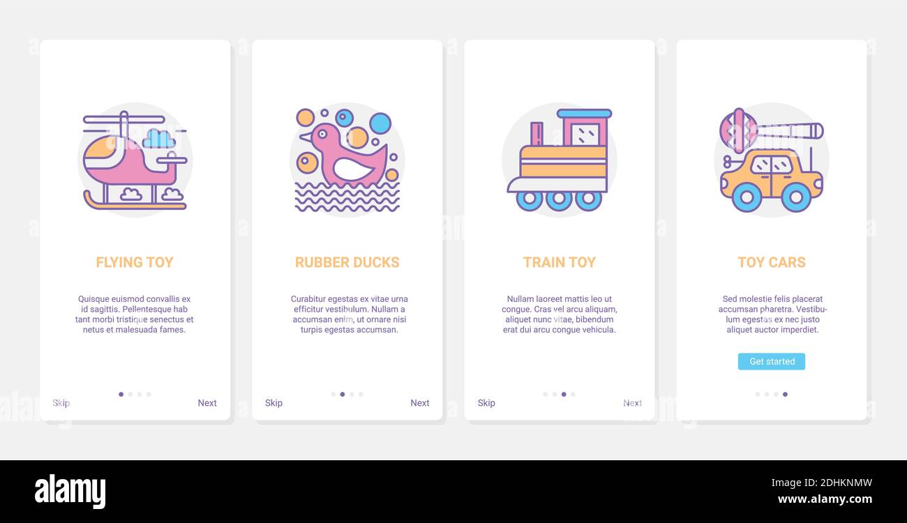 Jouets pour enfants pour jouer à l'illustration vectorielle. UX, UI Onboarding mobile application page écran set avec ligne enfants voiture, train, canard, hélicoptère pour l'apprentissage des enfants, articles de jeu d'enfance maternelle Illustration de Vecteur