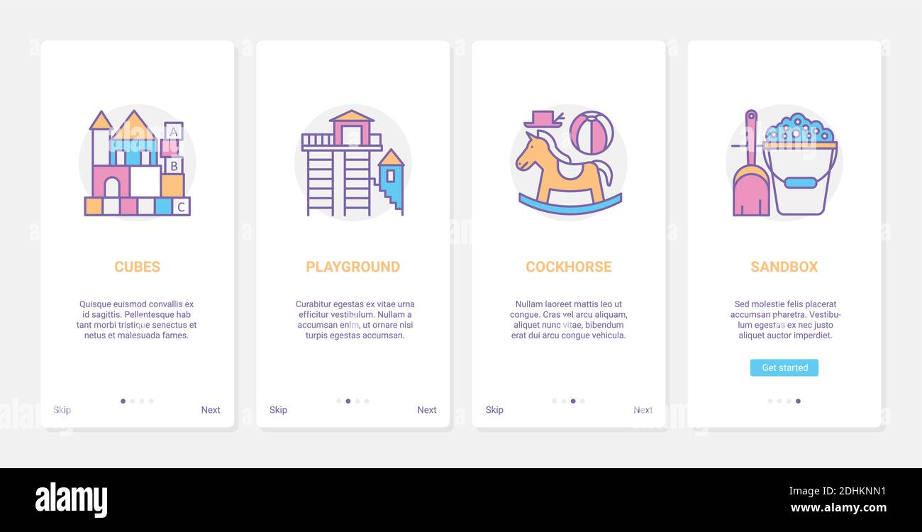Jouets pour enfants pour jouer à l'illustration vectorielle. UX, UI Onboarding mobile application page écran set avec ligne enfants cheval, blocs d'alphabet pour l'apprentissage des enfants, jouets pour bébés, articles de jeu d'enfant maternelle Illustration de Vecteur