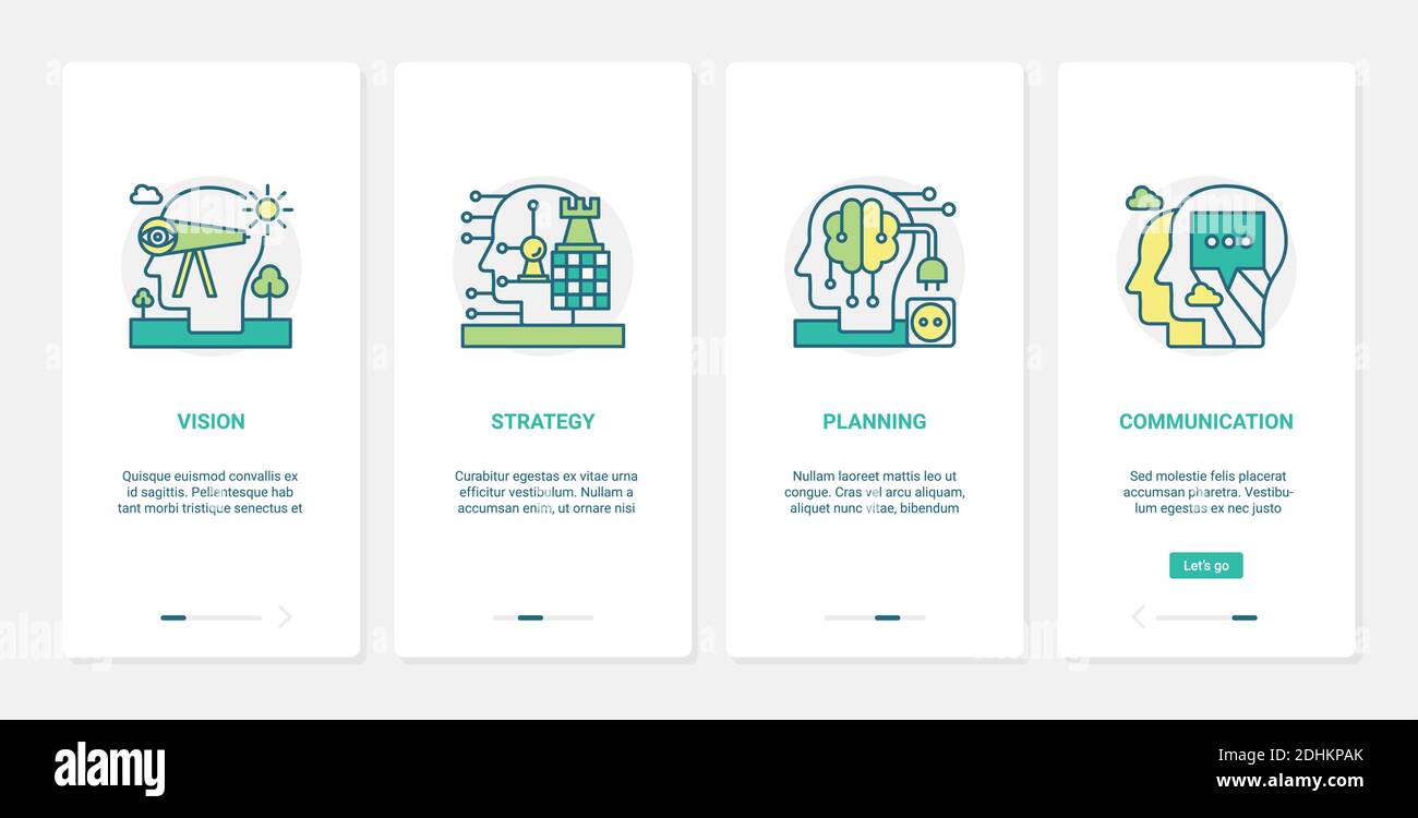 Les processus du cerveau humain dans la vision, la planification de la stratégie d'affaires communication illustration de vecteur. UX, écran de page d'application mobile d'intégration d'interface utilisateur avec actions visuelles d'homme d'affaires de ligne, produit de remue-méninges Illustration de Vecteur