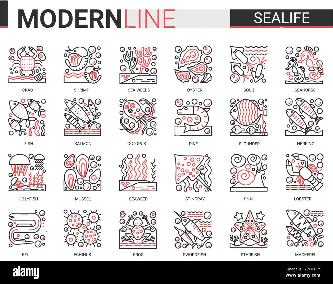 Symboles du concept miniature Sealife Outline. Rouge noir ligne fine infographie design est restaurant vie marine moderne ligne fine icônes ensemble. Illustration de Vecteur