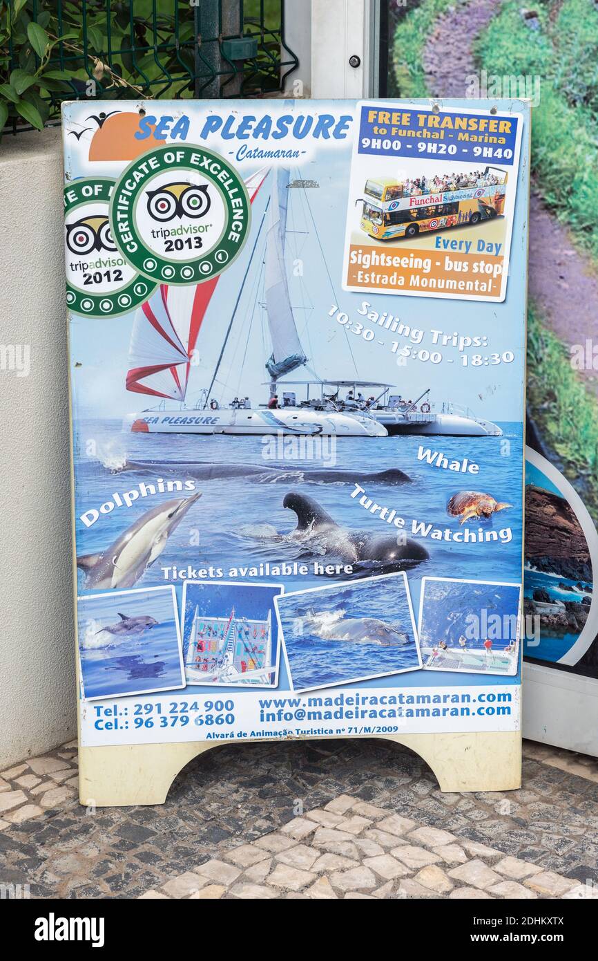 Billetterie avec panneau d'informations sur les excursions de baleines près de Madère Banque D'Images