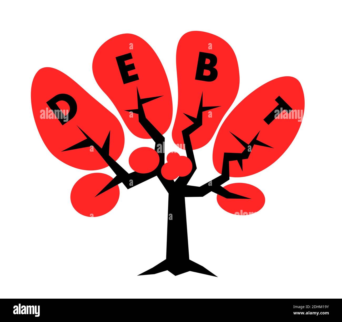 Arbre avec texte de dette dans la couronne - endettement financier est en croissance - augmentation de la liabilitiesa et des prêts - négatif l'économie avec un fardeau économique Banque D'Images