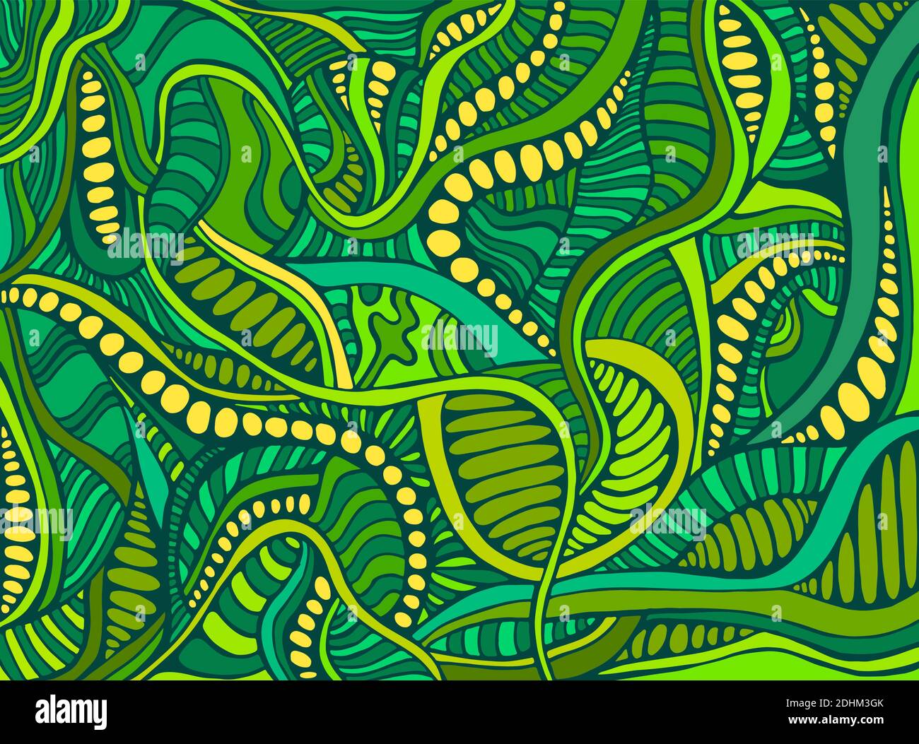 Coloré brillant drôle psychédélique résumé arrière-plan style doodle, dans les couleurs vert émeraude bleu jaune. Illustration de Vecteur