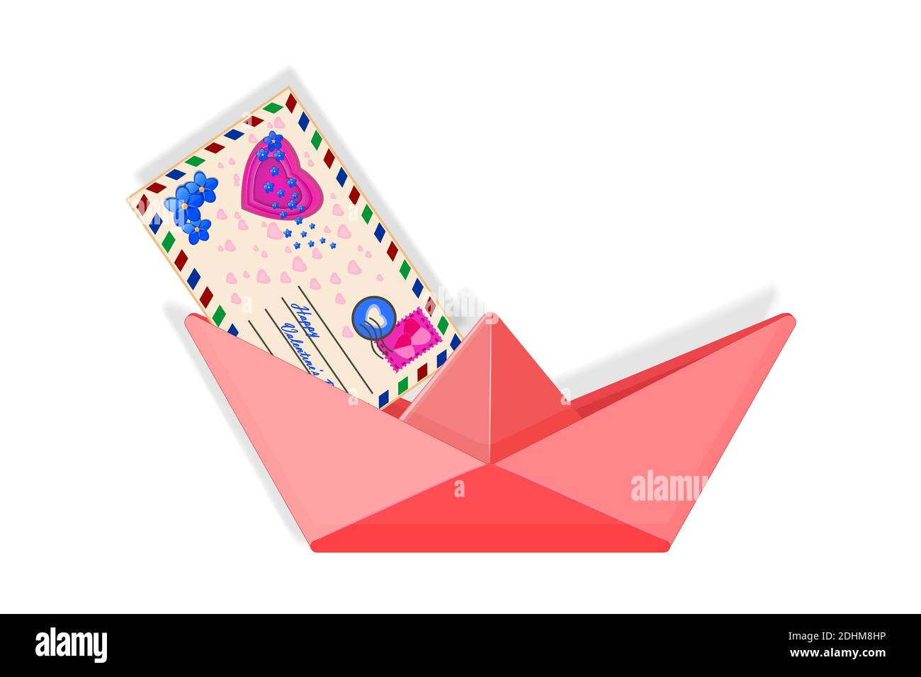 Bateau en papier avec lettre d'amour isolée sur fond blanc. Coupe de papier ou style artisanal. Enveloppe de Saint-Valentin en papier d'amour. Illustration du vecteur de stock Illustration de Vecteur