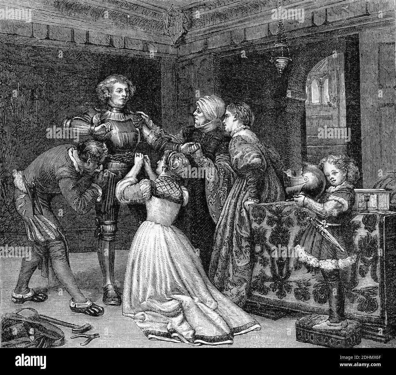 Gravure d'un groupe de personnes armant un chevalier médiéval. Illustration de 'l'histoire du protestantisme' par James Aitken Wylie (1808-1890), pub. 1878 Banque D'Images