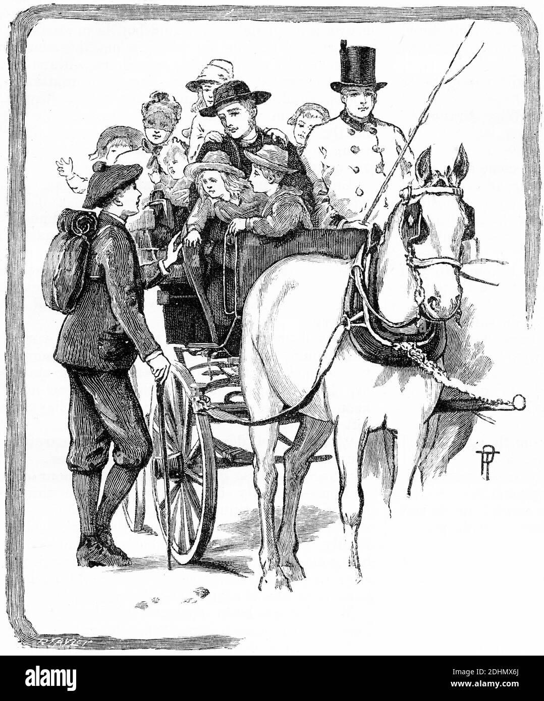 Gravure d'un homme parlant à un groupe de personnes sur une buggy tirée par un cheval. Banque D'Images Gravure d'un homme parlant à un groupe de personnes sur une buggy tirée par un cheval. Banque D'Images