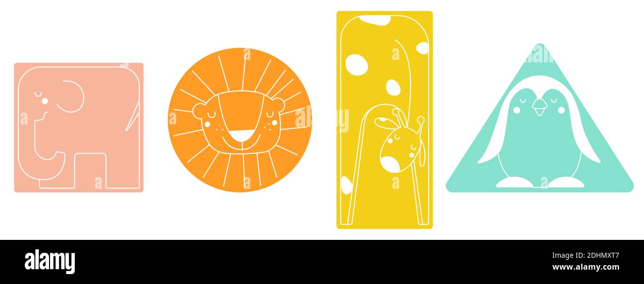 Enfants formes géométriques simples avec animaux Eléphant, lion, girafe, pingouin carré, cercle, rectangle, triangle Doodle style scandinave illustration vectorielle Illustration de Vecteur