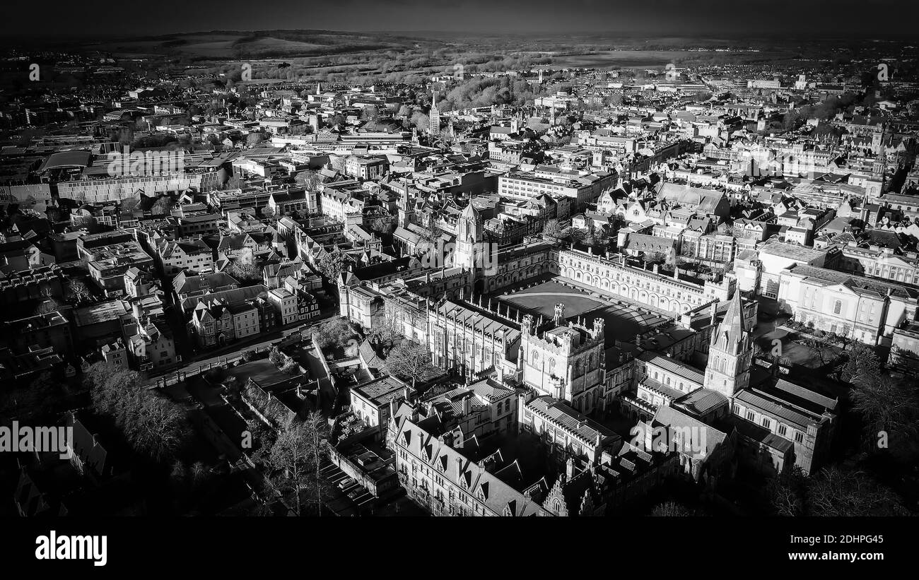 Ville d'Oxford et Université Christ Church - vue aérienne en noir et blanc Banque D'Images