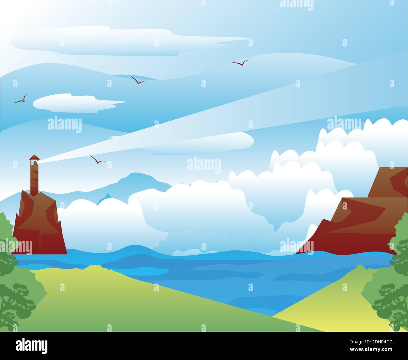 paysage phare montagne rocheuse mer tempête côte illustration vectorielle Illustration de Vecteur