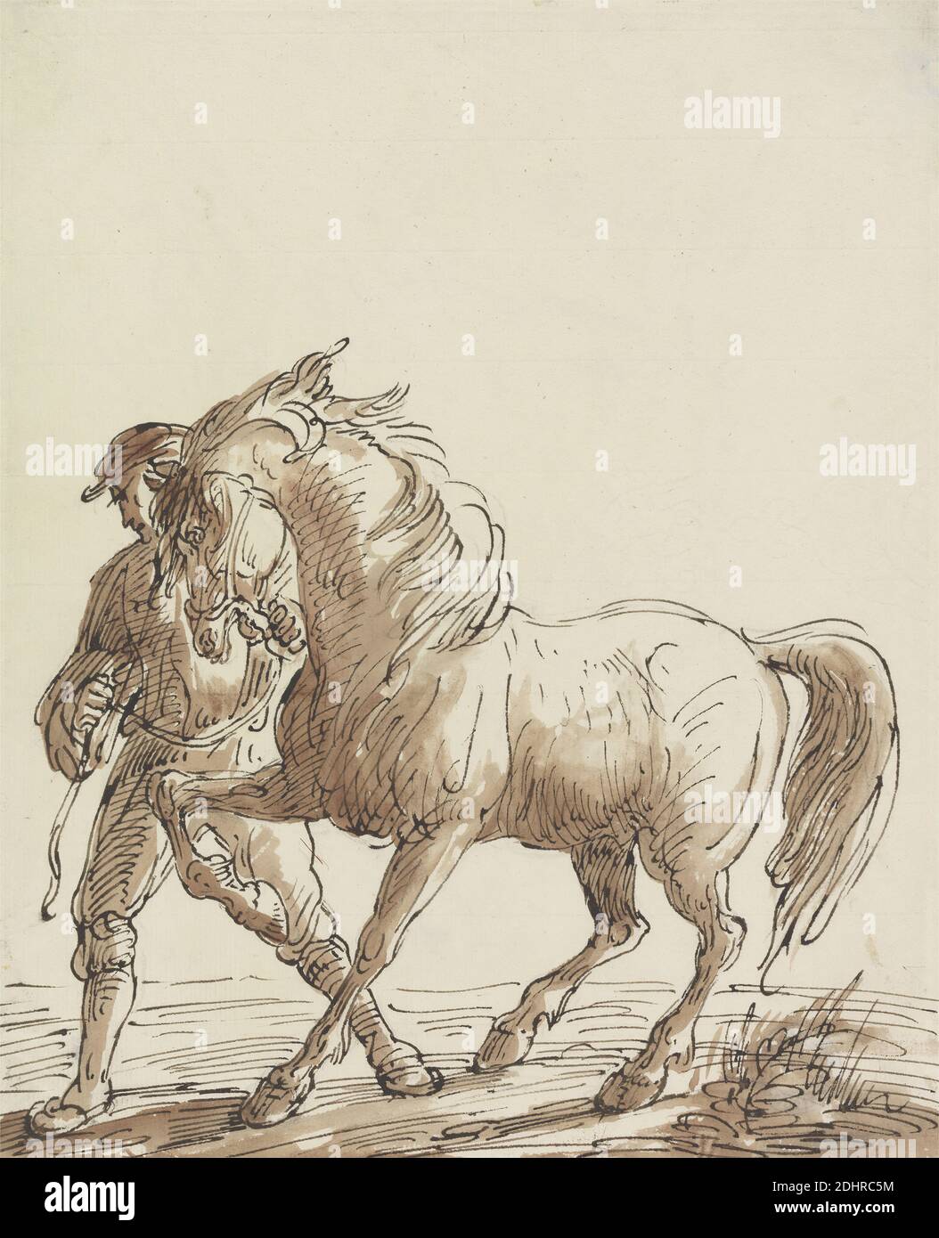Homme dirigeant un cheval, Thomas Barker, 1769–1847, britannique, non daté, stylo et encre brune et lavage brun; verso: Graphite sur papier fin, légèrement texturé, crème, feuille: 10 × 8 1/8 pouces (25.4 × 20.6 cm), art animal Banque D'Images