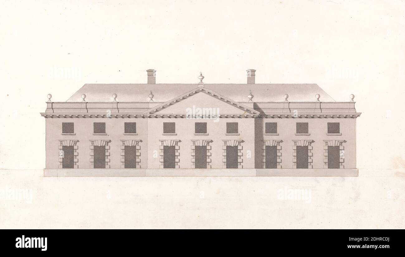 Bureau non identifié ou écuries : élévation avant, James Gibbs, 1682–1754, British, CA. 1720, aquarelle avec stylo et encre grise et graphite sur papier blanc légèrement épais, légèrement texturé, à une échelle de 1/10 pouces à 1 pied, feuille: 8 1/4 x 14 7/16 pouces (21 x 36.7 cm), sujet architectural, baroque, dessins de conception, fronton, stable Banque D'Images