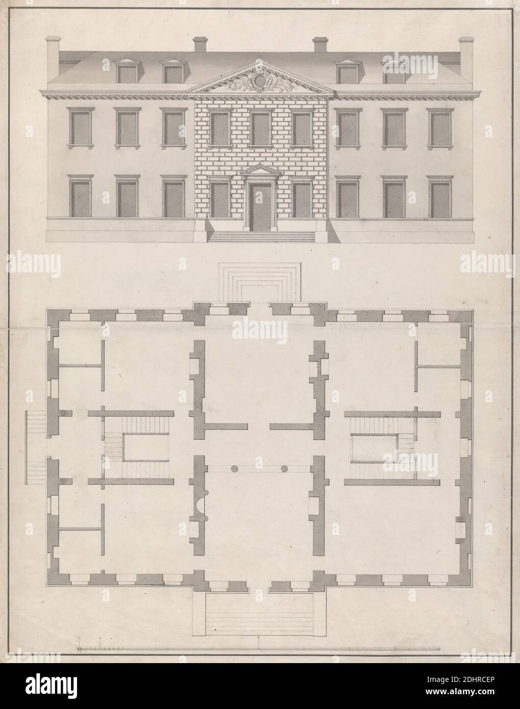Conception d'une maison de ville non identifiée : élévation et plan, James Gibbs, 1682–1754, British, CA. 1720, stylo et encre noire avec lavage gris sur graphite sur moyen, légèrement texturé, crème de barre de papier échelle de 1/9 pouces à 1 pied, feuille: 18 3/4 x 14 9/16 pouces (47.6 x 37 cm), sujet architectural, maison de campagne, plans d'étage, Palladian Banque D'Images