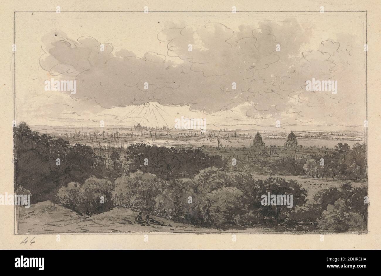 Greenwich, John Glover, 1767–1849, anglais, non daté, encre de plume et grise, lavage gris et graphite sur papier vélin moyen, légèrement texturé, crème, feuille: 4 1/8 × 6 pouces (10.5 × 15.3 cm) et image: 3 1/8 x 5 pouces (8 x 12.7 cm), paysage urbain, dômes, paysage, lumière du soleil, arbres, Angleterre, Europe, Grand Londres, Greenwich, Royaume-Uni Banque D'Images