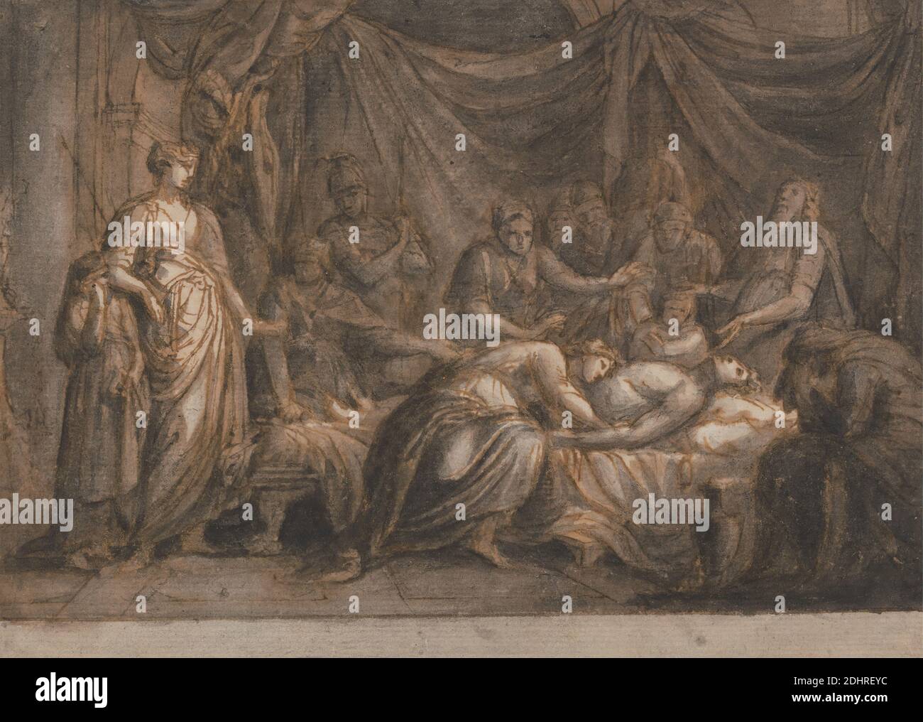 Andromache Mourning The Death of Hector, Gavin Hamilton, 1723–1798, britannique, active en Italie (1744–48 et 1756), entre 1760 et 1763, encre stylo et brune avec lavage gris et lavage brun sur papier vélin moyen, légèrement texturé, crème monté sur papier vélin moyen, légèrement texturé, crème, feuille: 6 3/4 × 9 pouces (17.1 × 22.9 cm), lit, chambre, enfants, morts, draperies, hommes, deuil, sujet religieux et mythologique, guerre de Troie, femmes Banque D'Images