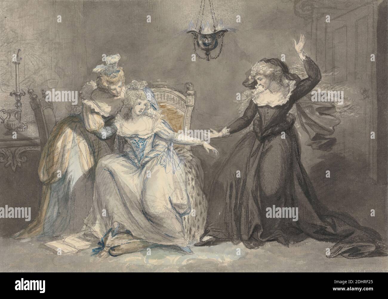 Une scène dramatique avec trois femmes dans un intérieur, William Hamilton, 1751–1801, British, 1794, aquarelle, lavage gris, stylo et encre noire, stylo et encre bleue, craie noire, gouache, et graphite sur papier moyen, légèrement texturé, crème, feuille: 9 5/8 × 13 5/8 pouces (24.4 × 34.6 cm), intérieur, femmes Banque D'Images