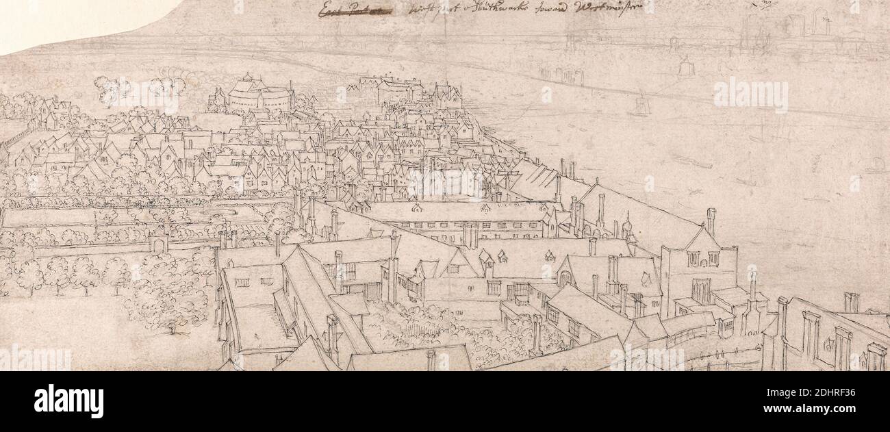 Vue de St. Mary's, Southwark, en direction de Westminster, Venceslaus Hollar, 1607–1677, Bohemian, CA. 1638, stylo et encre noire sur graphite sur papier vélin moyen, légèrement texturé, feuille: 5 1/8 × 12 1/8 pouces (13 × 30.8 cm), bâtiments, paysage urbain, arbres, Angleterre, Europe, Londres, Southwark, Royaume-Uni Banque D'Images