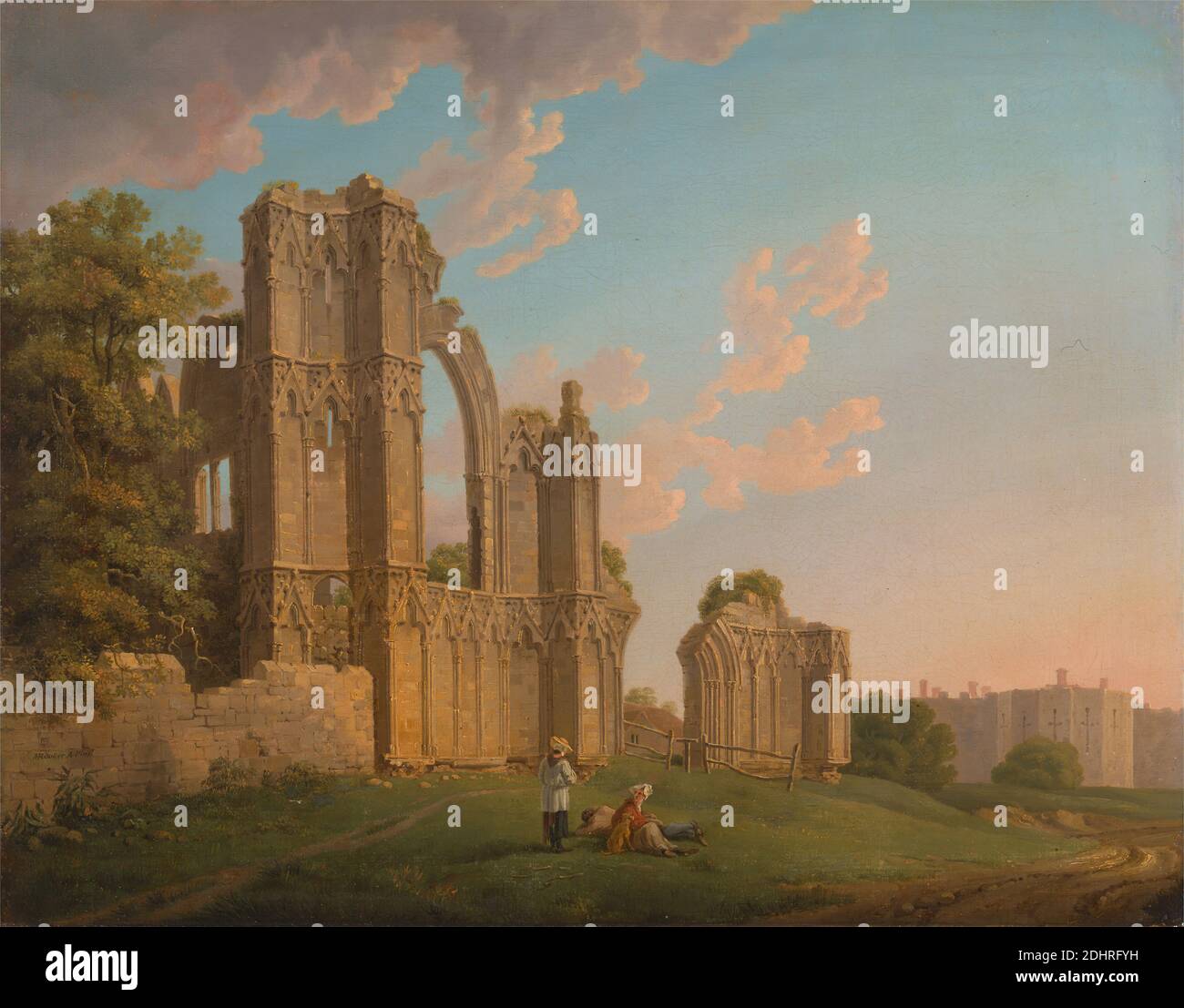 St. Mary's Abbey, York, Michael 'Angelo' Rooker, 1746–1801, britannique, Californie 1778, huile sur toile, support (PTG): 28 x 36 pouces (71.1 x 91.4 cm), abbaye, arc, sujet architectural, bénédictine, catholique, église, gothique (médiéval), hommes, monastère, route, romantique, ruines, pierre, pierre, travail en pierre, Angleterre, Europe, Royaume-Uni, York Banque D'Images