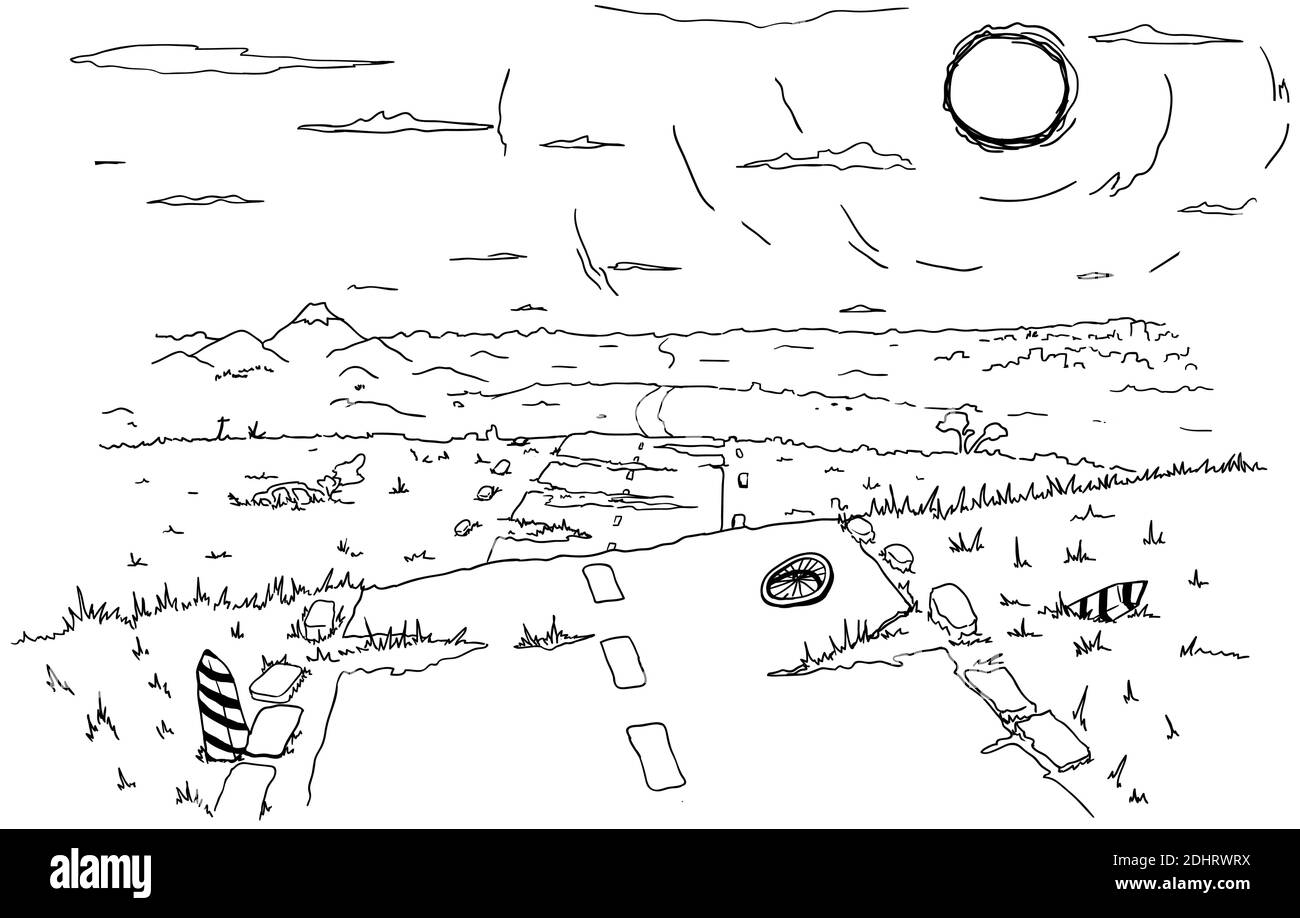 Vieux paysage de la route vue de loin dessin de ligne de dessin animé, vecteur, horizontal, noir et blanc Illustration de Vecteur