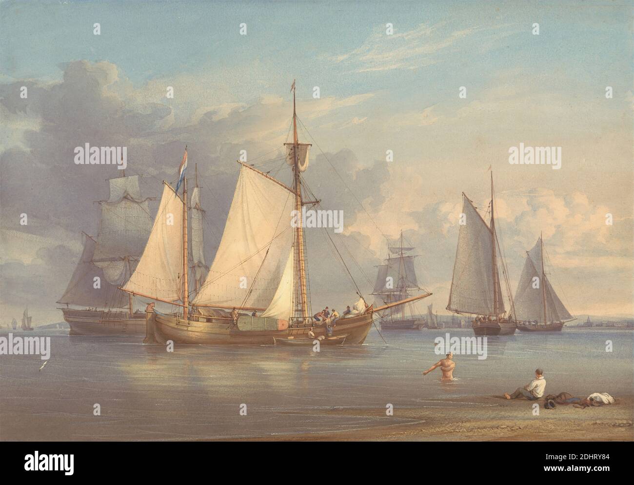 Bateaux de pêche néerlandais à l'ancre dans un estuaire, William Joy, 1803–1867, British, CA. 1850, aquarelle avec raclage et gomme sur papier à feuilles crème légèrement épais, légèrement texturé, feuille: 11 1/4 x 16 3/16po. (28.6 x 41,1cm) et feuille: 11 3/8 x 16 1/4 pouces (28.9 x 41.3 cm), ancre, baignade, bateaux, estuaire, pêche, art marin, mâts Banque D'Images