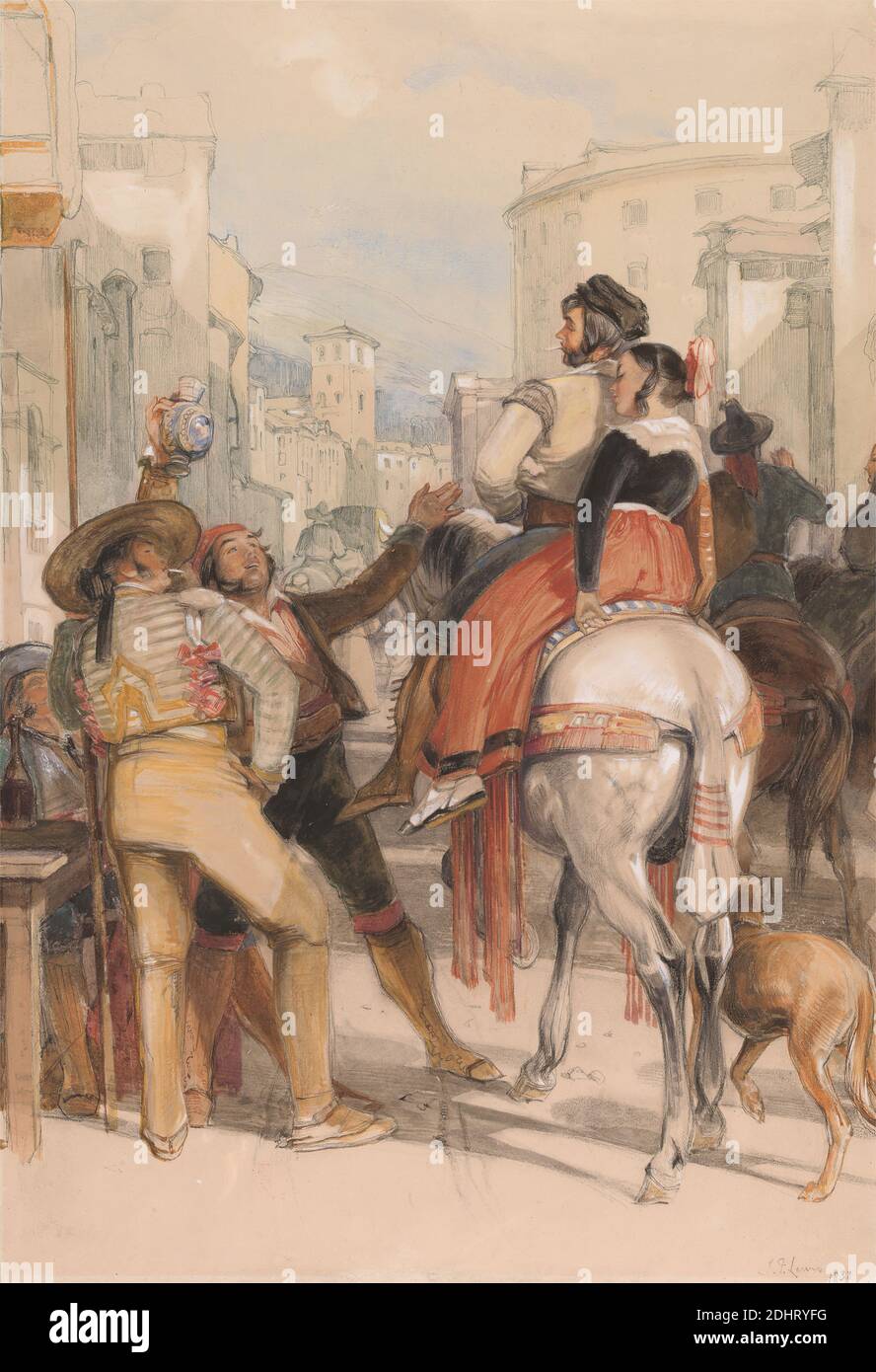 Une scène de rue à Grenade le jour de la corrida, John Frederick Lewis, 1804–1876, British, 1833, aquarelle, gouache blanc, craie noire, craie rouge, graphite et gomme à gratter sur papier à feuilles moyennes, légèrement texturées, crème, feuille : 17 x 11 3/8 pouces (43.2 x 28.9 cm), bouteille, costume, chiens (animaux), genre sujet, chevaux (animaux), hommes, rues, vin, femmes, Grenade, Espagne Banque D'Images