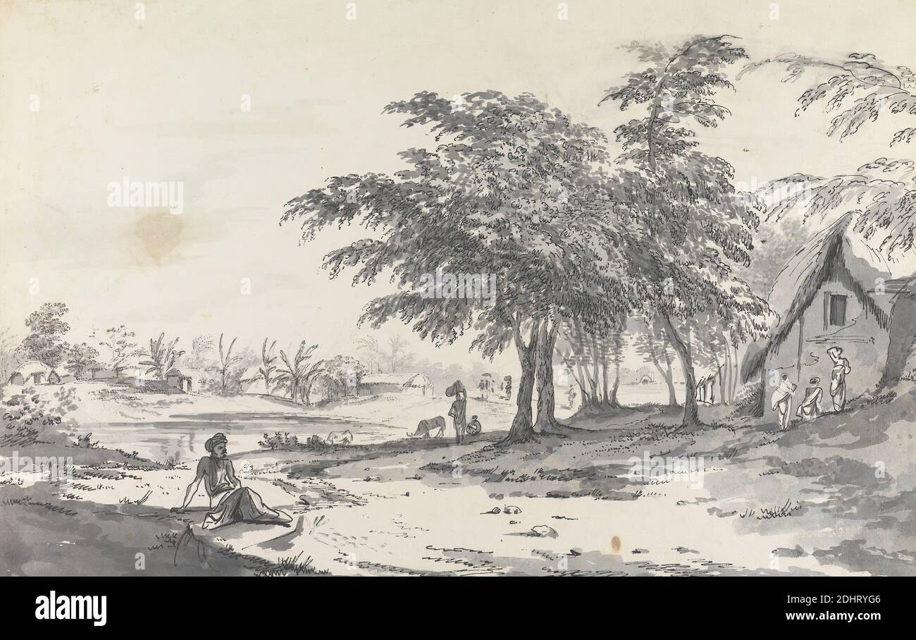 Vue d'un village indien avec un homme assis dans le premier sol, William Hodges, 1744–1797, Britannique, entre 1781 et 1783, lavage gris, stylo et encre noire et graphite sur papier coulé, posé sur le support de lavage du 19e siècle, feuille: 18 7/16 x 29 5/16po. (46.8 x 74,5cm Banque D'Images