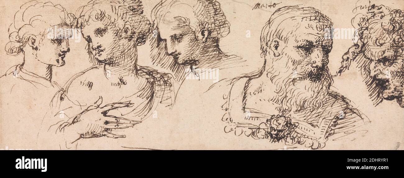 Five Classical Heads, Inigo Jones, 1573–1652, British, entre 1630 et 1639, stylo et encre brune sur papier crème moyen, légèrement texturé, feuille: 3 1/4 x 7 7/8 pouces (8.3 x 20 cm), Classique, étude de figure, têtes Banque D'Images