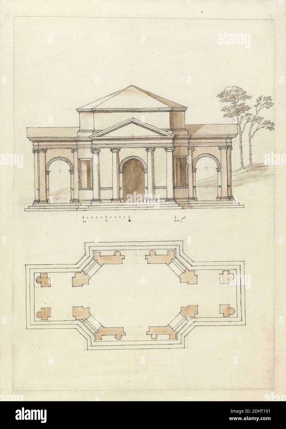 Townsend's Building à Rousham, Oxfordshire: Elevation and Plan, William Kent, vers 1686–1748, British, vers. 1738, Graphite, stylo et lavage brun à l'intérieur d'une seule ligne de crayon bordure sur modérément épais, légèrement texturé, crème de papier posé échelle de 3/20 pouces à 1 pied, feuille: 13 1/2 x 9 11/16 pouces (34.3 x 24.6 cm), sujet architectural, plans d'étage, pavillons (structures de jardin), Angleterre, Europe, Oxfordshire, Rousham, Royaume-Uni Banque D'Images