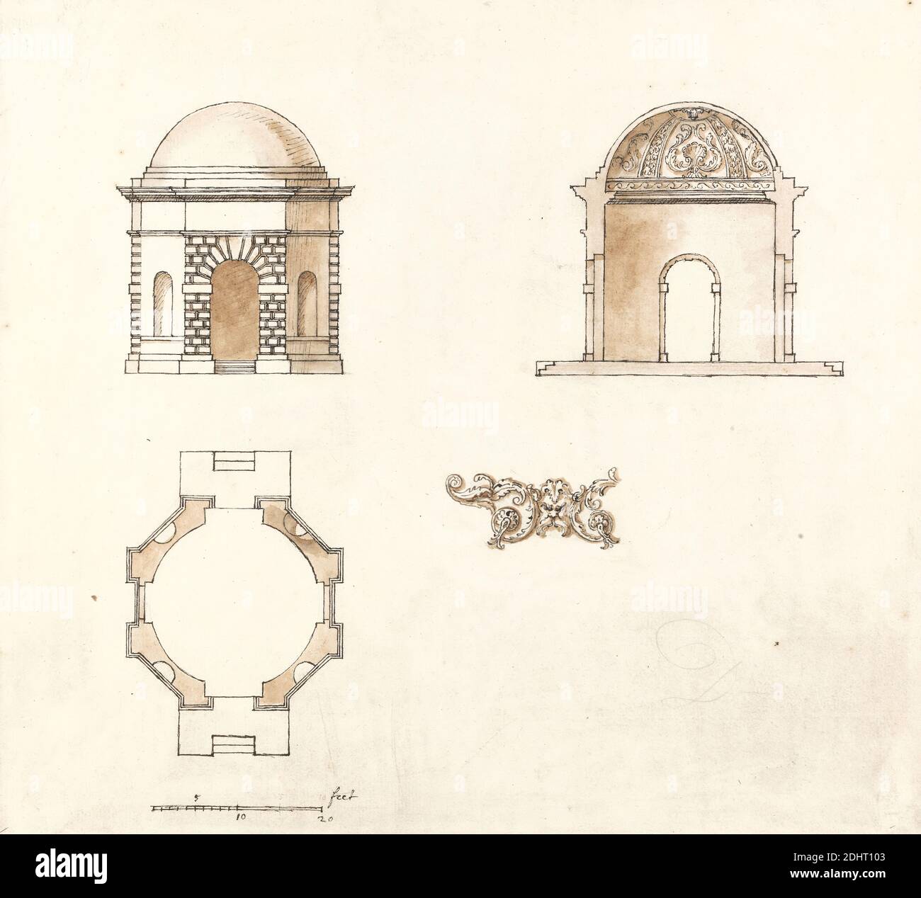Temple octogonal au parc Shotover, Oxfordshire : plan, section et élévation, William Kent, vers 1686–1748, britannique, vers. 1738, Brown wash, stylo et encre brune, et graphite sur moyenne, légèrement texturée, crème barre de papier échelle de 1/9 pouces à 1 pied, feuille: 11 1/4 x 12 3/8 pouces (28.6 x 31.4 cm), sujet architectural, octogonal, pavillons (structures de jardin), Angleterre, Europe, Oxfordshire, Royaume-Uni Banque D'Images