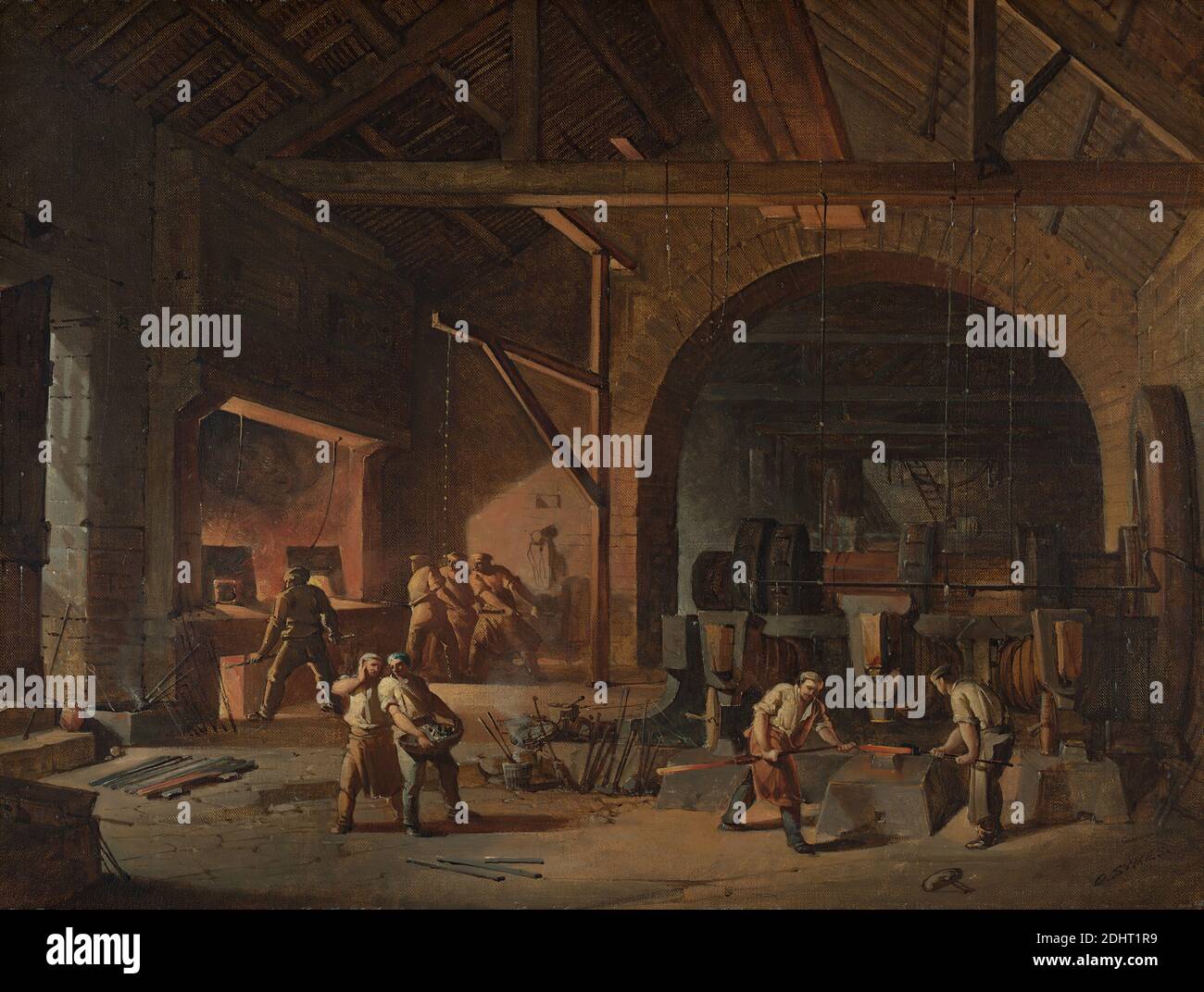 A Tilt Forge, Godfrey Sykes, 1824–1866, British, 1856-1859, Oil on Canvas, support (PTG): 18 1/2 x 24 1/8 pouces (47 x 61.3 cm), poutre (élément structurel), battement, forgerons, chiaroscuro, ingénieur, usine, forge, four, genre sujet, industrie, ironniers, main-d'œuvre, ouvriers, travailleurs légers, métallurgistes, ouvriers, ouvriers, machines, ouvriers, ouvriers, ouvriers, ouvriers, ouvriers, machines, machines, ouvriers, ouvriers Banque D'Images