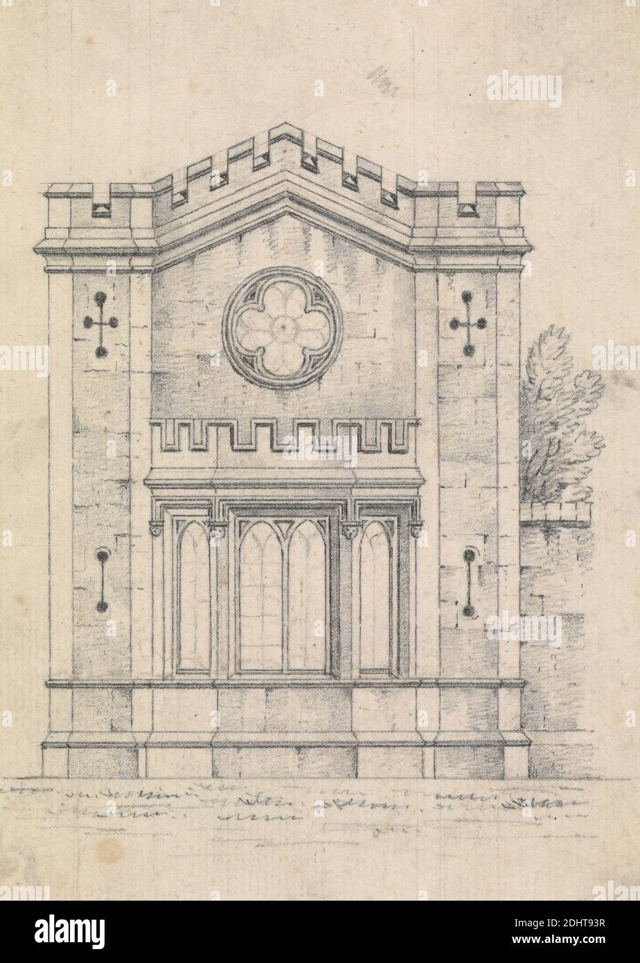 Dessin préparatoire pour le Design 19, planche 31 d'UNE collection de dessins pour les Rereats ruraux, James Malton, 1761–1803, British, 1802, Graphite sur papier vélin moyen, légèrement texturé, crème, feuille : 4 × 3 1/2 pouces (10.2 × 8.9 cm), conception architecturale, rendu architectural, sujet architectural, bâtiment, maison de campagne, crénelations, dessin de conception, décoration architecturale gothique, dessin architectural gothique, architecture gothique, Renaissance gothique, fenêtres lancettes, lancettes, meneaux, dessin préparatoire, quatrefoil, fenêtre rose, maçonnerie, fenêtres Banque D'Images