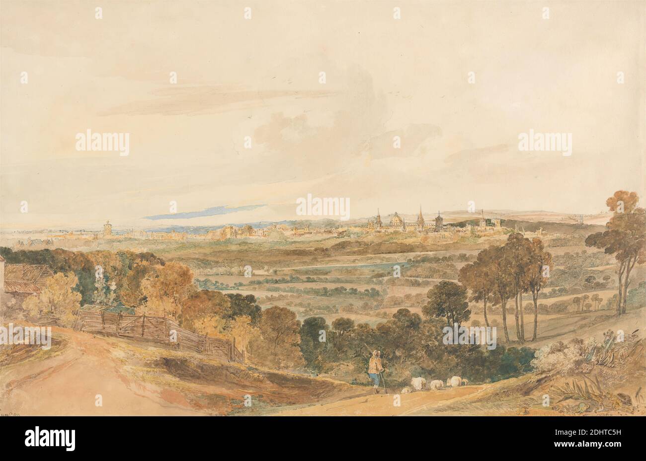 Oxford de Boar's Hill, Hugh O'Neill, 1784–1824, British, 1811, aquarelle avec égratignures de graphite sur papier vélin moyen, légèrement texturé, feuille: 11 7/8 × 18 1/4 pouces (30.2 × 46.4 cm), terres agricoles, collines, paysage, mouton, berger, ville, Angleterre, Europe, Isis, Oxford, Oxfordshire, Royaume-Uni Banque D'Images