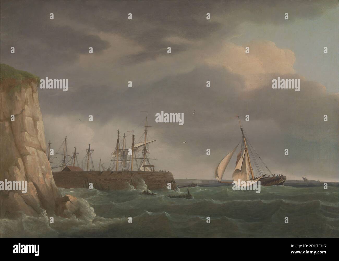 Un navire entrant dans le port avec d'autres embarcations à une jetée, Thomas Whitcombe, 1763–après 1824, British, 1788, huile sur toile, support (PTG) : 17 1/4 × 24 1/4 pouces (43.8 × 61.6 cm), falaises, nuages, cutter (voilier), port, jetée (bâtiment), art marin, rochers (formes terrestres), voilier, mer, paysage marin, navires, sloop (voilier), eau, vagues (événements naturels) Banque D'Images