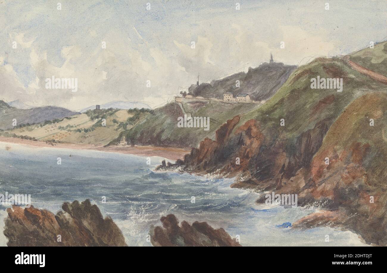 Bray Head et le F (coupure), James Arthur O'Connor, 1792–1841, irlandais, non daté, Watercolo, graphite, gouache, rayure sur moyen, légèrement texturé, crème, papier vélin, feuille: 7 × 11 pouces (17.8 × 27.9 cm), falaises, paysage, rochers (formes terrestres), mer Banque D'Images Bray Head et le F (coupure), James Arthur O'Connor, 1792–1841, irlandais, non daté, Watercolo, graphite, gouache, rayure sur moyen, légèrement texturé, crème, papier vélin, feuille: 7 × 11 pouces (17.8 × 27.9 cm), falaises, paysage, rochers (formes terrestres), mer Banque D'Images